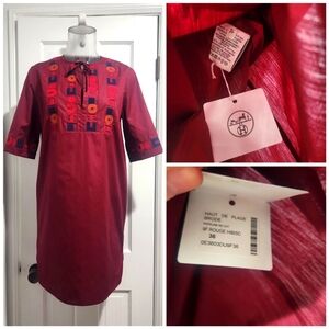 Hermes Red Hibiscus Embroidered Mini Dress